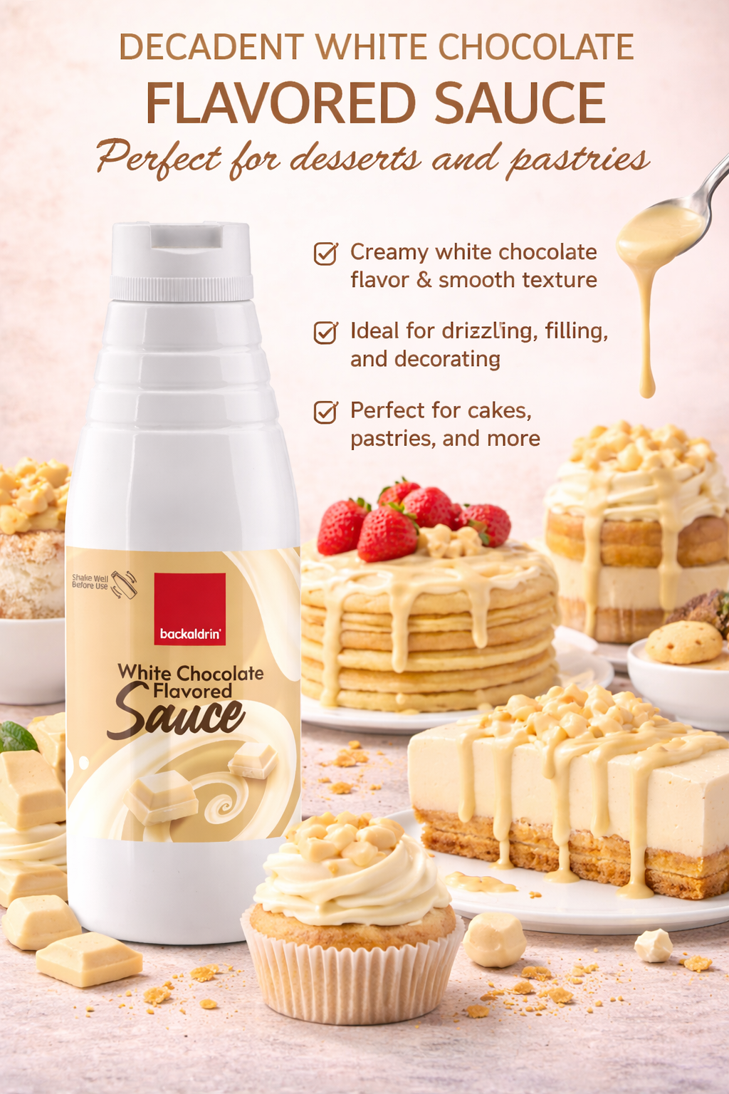Premium White Chocolate Flavored Sauce – Smooth Texture, Rich Flavor for Desserts & Baking - 16.9 oz