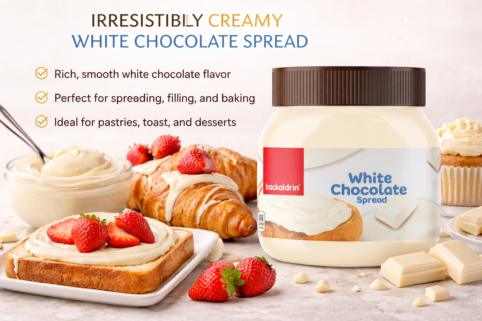 Premium White Chocolate Spread - 12.3 oz Smooth Texture, Rich Flavor for Desserts & Baking